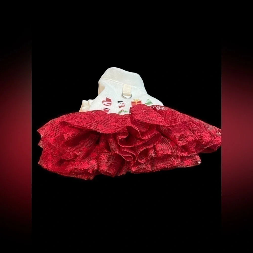 Christmas Puppy Dog Dress Lace Tulle Bottom Leash attachment Beige Red Small